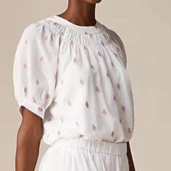 J Crew Blouse Womens Large White Dot Smock Neck Short Puff Sleeve Cotton Top - Picture 1 of 5